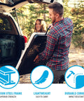 Man carrying Folding Tailgate Table With Grill Rack for outdoor camping, near car, featuring 5 foot portable prep station details.