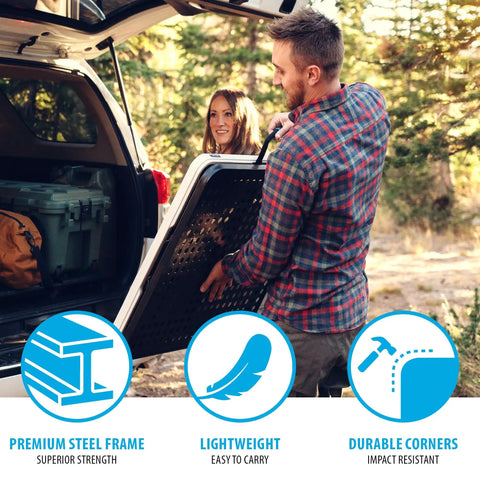 Man carrying Folding Tailgate Table With Grill Rack for outdoor camping, near car, featuring 5 foot portable prep station details.