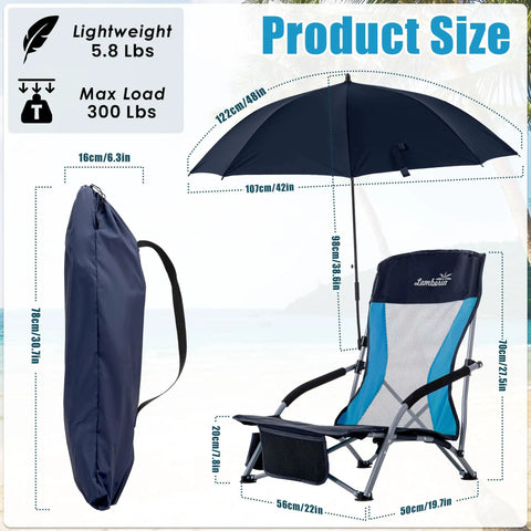 Foldable Beach Chair With Umbrella For Adults, Portable Low Profile Seat With 300 Lb Capacity, Lightweight Camping Chair
