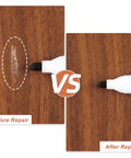 Before and after comparison showing No Sweat Scratch Fix Kit 18 Color Wood Markers Plus Fillers For Furniture on wood.