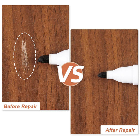 Before and after comparison showing No Sweat Scratch Fix Kit 18 Color Wood Markers Plus Fillers For Furniture on wood.