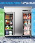 Solid Commercial Upright Freezer And Refrigerator Combo Fifty Four Cubic Feet with dual independent temp zones and stainless steel finish.