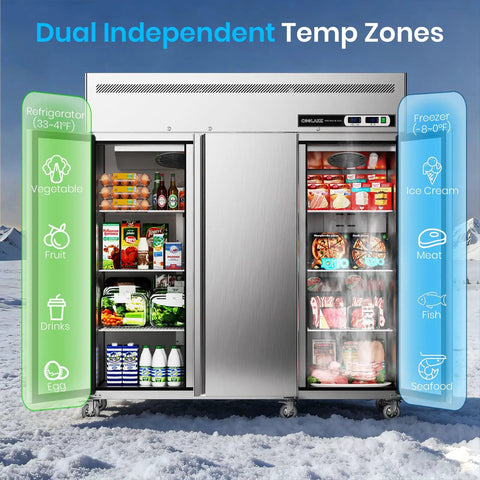 Solid Commercial Upright Freezer And Refrigerator Combo Fifty Four Cubic Feet with dual independent temp zones and stainless steel finish.