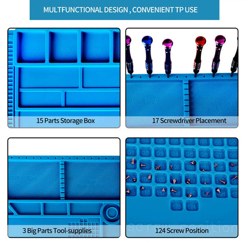 Pro Grade Large Silicone Soldering Mat With Magnetic Parts Layout Built In Ruler For Electronics Computer Repair 21.6 By 13.8 Inches Heat Resistant Insulation Soldering Station Pad With 124 Screw Positions 4 Magnetic Areas 18 Notches 49 Spare Units showing storage and screw positions.