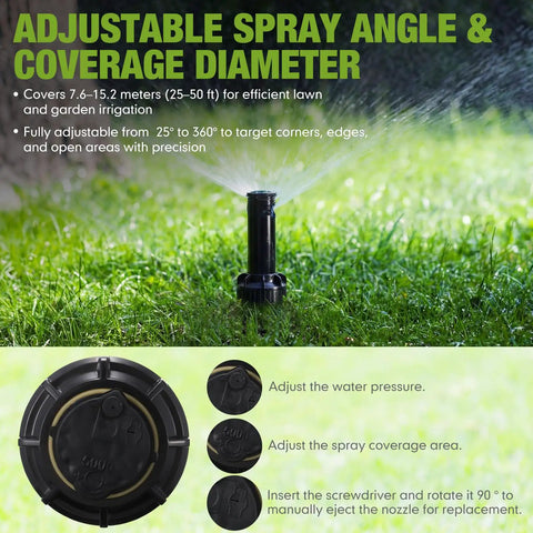 2 Pack In Ground Pop Up Sprinkler Heads Compatible With Rain Bird 5000 Series Gear Drive Rotors watering lawn with adjustable spray angle.