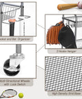 Heavy Duty Ball Organizer For Garage And Home Gym With Baseball Bat Holder And 3 Hooks 2 Large Bins And 4 Mesh Baskets Easy Assembly Storage detailing parts