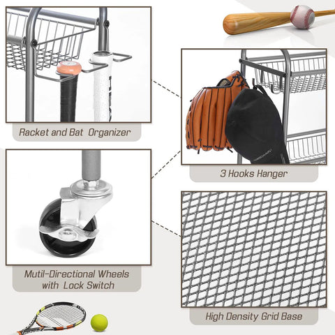 Heavy Duty Ball Organizer For Garage And Home Gym With Baseball Bat Holder And 3 Hooks 2 Large Bins And 4 Mesh Baskets Easy Assembly Storage detailing parts