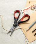Workhorse Three Pack Titanium Coated Scissors Set For All Purpose Use, Nonstick Teflon Blades, Heavy Duty Office Shears, Sharp Stainless Steel, Multipurpose Cutters For Paper, Fabric, Cardboard And More black-red scissors cutting twine on paper