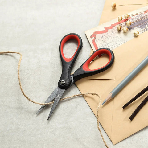 Workhorse Three Pack Titanium Coated Scissors Set For All Purpose Use, Nonstick Teflon Blades, Heavy Duty Office Shears, Sharp Stainless Steel, Multipurpose Cutters For Paper, Fabric, Cardboard And More black-red scissors cutting twine on paper