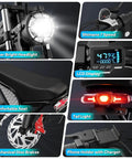 Close-up of features on Beast 1500W Fat Tire Electric Bike For Adults With 48V 15.6Ah Removable Battery, LCD, headlight, and brakes.