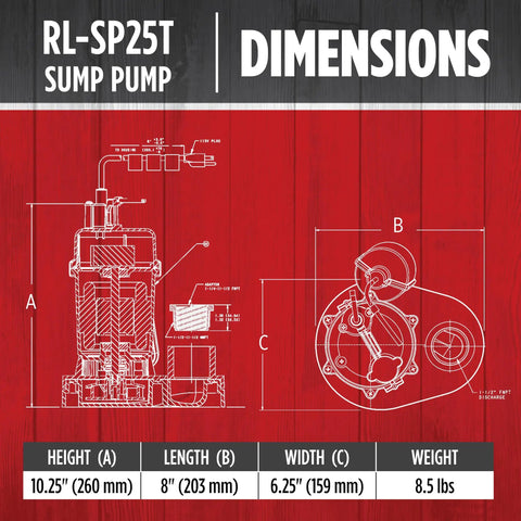 Automatic One Quarter HP Sump Pump Dimensions Diagram with Height, Length, Width, and Weight Specifications