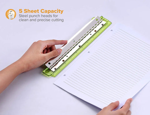 3 Hole Punch For Ring Binders With Integrated Ruler And Five Sheet Capacity Compact Travel Friendly Design In Assorted Colors
