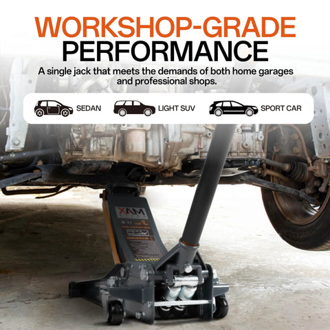 Maxority 3-ton low-profile steel floor jack with dual pistons and quick-lift pump under a car
