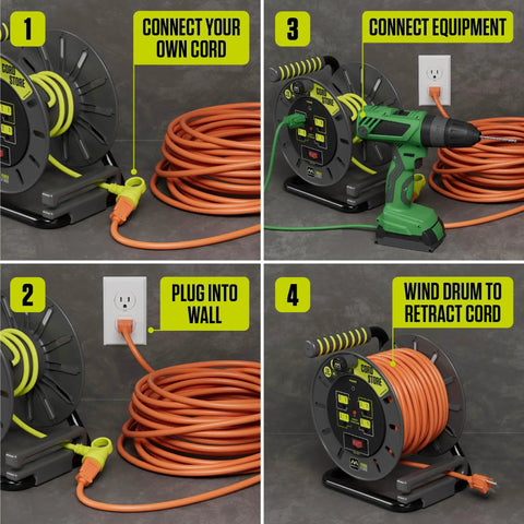 4-step setup guide for 3 Foot Retractable Cord Reel with 4 Grounded Outlets, Safety Overload Breaker and Power Switch