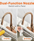 Copper Rose Gold Pull-Down Kitchen Faucet With Dual Function Spray Head For Dish Rinsing And Pot Filling shown in use