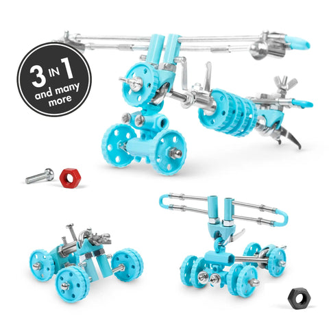 AirBit Build Your Own Airplane STEM Kit for Creative Kids and Curious Adults, blue parts with tools for model assembly.