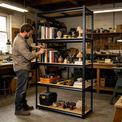 Heavy Duty Garage Shelving 2100 Lbs Capacity With Thick Steel Frames And Reinforced MDF Shelves organizing tools and books in workshop.