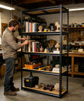 Top Shelf Heavy Duty Five Tier Garage Storage Rack With Adjustable Steel Uprights And Durable MDF Boards Delivering Two Thousand Pounds for workshop gear in use.