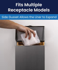 Person placing a liner bag into a receptacle with Waxed Kraft Receptacle Liner Bags For Feminine Hygiene Waste label.