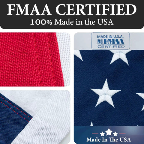 Close-up of Rugged Outdoor American Flag 3x5 Foot Made in USA from 100 Percent Polyester with sewn stripes and embroidered stars, FMAA Certified.