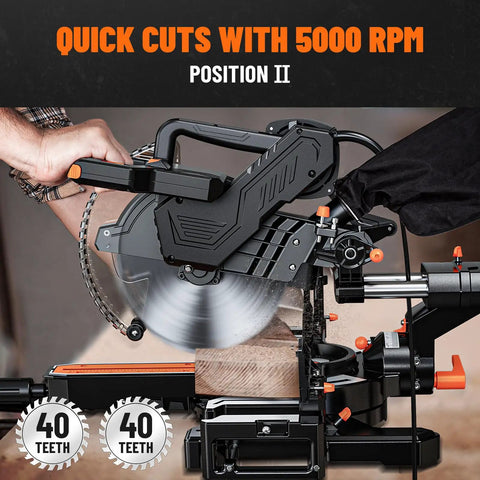 Slick 10 Inch Dual Bevel Sliding Compound Miter Saw With A Hella Beefy 15 Amp Motor cutting wood at 5000 RPM with precision.