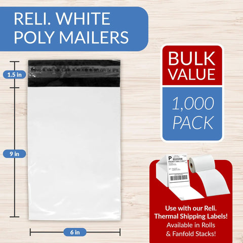 6x9 Inch Poly Mailers 1000 Pack White Self Sealing Mailing Bags For Small Items Bulk Shipping Envelopes Non Padded Tear Resistant
