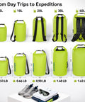 Green dry bags in various sizes from 5L to 40L with straps, including Floating Waterproof Dry Bag Backpack 40L, displayed with shoes and gear.