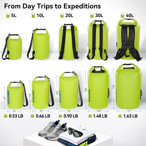 Green dry bags in various sizes from 5L to 40L with straps, including Floating Waterproof Dry Bag Backpack 40L, displayed with shoes and gear.