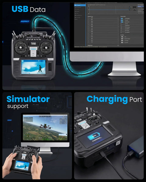 TX16S Mark II ELRS Transmitter 16 Channel 2.4GHz Radio Controller USB data and charging port usage with simulator support