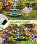 Sun Powered 6.5W Solar Bird Bath Fountain with 3 Tier Waterfall and 9 Streams shown in garden with detachable solar pump.