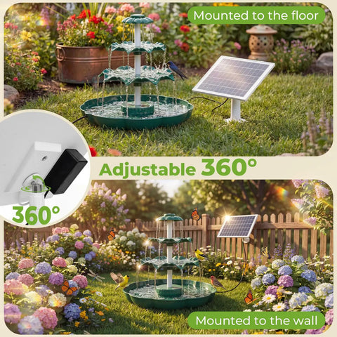 Sun Powered 6.5W Solar Bird Bath Fountain with 3 Tier Waterfall and 9 Streams shown in garden with detachable solar pump.