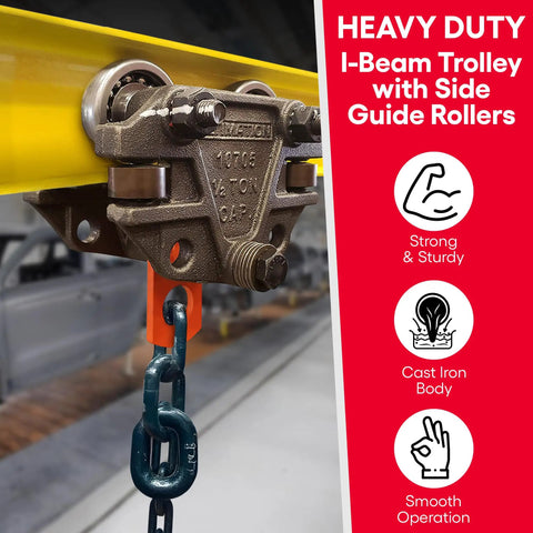 Heavy Duty 1000 Pound I Beam Trolley With Side Guide Rollers For 3 Inch 4 Inch And 6 Inch Tall Beams Built Tough Industrial Grade High Load Bearing Moves Smoothly Across Auto Plant Tracks