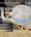 16 Inch Oscillating Pedestal Fan With Wide Area Breeze For Whole Room Adjustable Height And Tilt Head Easy Grip Rotary Control