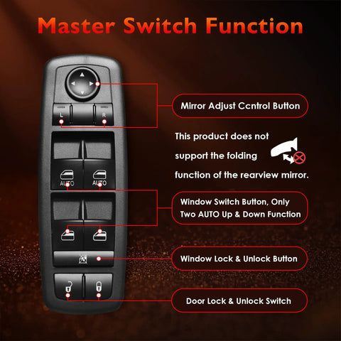 Driver Side Front Left Power Window Switch For Ram 1500 2500 3500 2016 To 2022 Charger 2011 To 2019 And Chrysler 200 300 2011 To 2020 Replaces 68139805AB AA 56046823AE Drop-In Direct Fit With Two Year Warranty showing control and switch functions