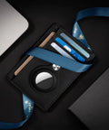 Ultra Slim Front Pocket AirTag Wallet With RFID Blocking Card Holder And AirTag Slot surrounded by blue ribbon