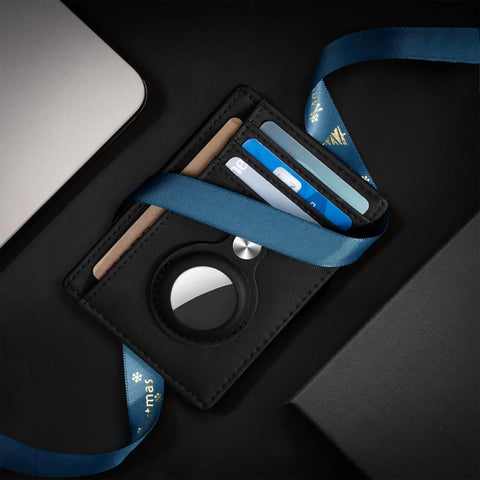 Ultra Slim Front Pocket AirTag Wallet With RFID Blocking Card Holder And AirTag Slot surrounded by blue ribbon
