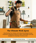 Man wearing Waxed Canvas Work Apron For Men With Pockets, Heavy Duty Carpenter And Grilling Apron, Cross Back Adjustable Fit From M To XXL.