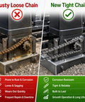 Comparison of a rusty loose chain and a new tight chain highlighting 20 Ft #41 Roller Chain With 2 Links Heavy Duty Corrosion Resistant Interchangeable Replacement For Driven Slide Gate Operator And Conveyor System Reliable Performance For Outdoor Use.