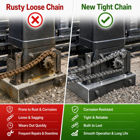 Comparison of a rusty loose chain and a new tight chain highlighting 20 Ft #41 Roller Chain With 2 Links Heavy Duty Corrosion Resistant Interchangeable Replacement For Driven Slide Gate Operator And Conveyor System Reliable Performance For Outdoor Use.