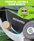 Close-up of bypass pruning shears cutting a branch, featuring SK5 steel blades, for thin and thick branches, nonstick coated.