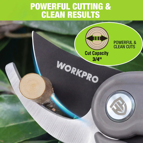 Close-up of bypass pruning shears cutting a branch, featuring SK5 steel blades, for thin and thick branches, nonstick coated.