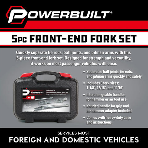Five Piece Front End Fork Set For Auto Repair With Pickle Forks For Tie Rods Ball Joints And Pitman Arms Easy Separation Includes Pitman Arm Fork One Eighth Ball Joint Fork Fifteen Sixteenths Tie Rod Fork Eleven Sixteenths Dual Handle in case