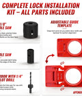 Job Site Ready Door Hinge Jig Kit And Lock Installation Template With Tough Hard Shell Storage Case Complete Mortising Tool Set Includes Hole Saws Drivers And Pilots To Nail Every Woodworking Install with hole saws and guide template.