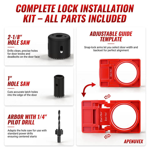 Job Site Ready Door Hinge Jig Kit And Lock Installation Template With Tough Hard Shell Storage Case Complete Mortising Tool Set Includes Hole Saws Drivers And Pilots To Nail Every Woodworking Install with hole saws and guide template.