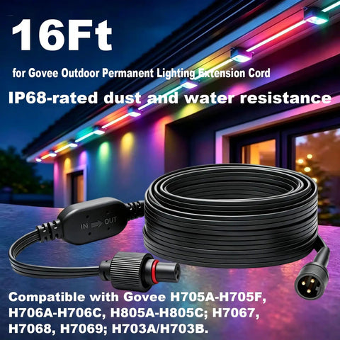 16 Foot Outdoor Extension Cord Featuring Built In Voltage Booster For Permanent Yard Lighting And Holiday String Cables, IP68 rated, heavy-duty wire.