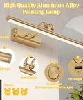 Cordless Battery Operated Picture Light With 4000mAh Rechargeable Battery, Remote Control, Magnetic Charge, Timers, 13.8 Inch Display, Gold Finish For Gallery, Living Room And Bedroom, highlighting features like LED light, USB port, and touch control.
