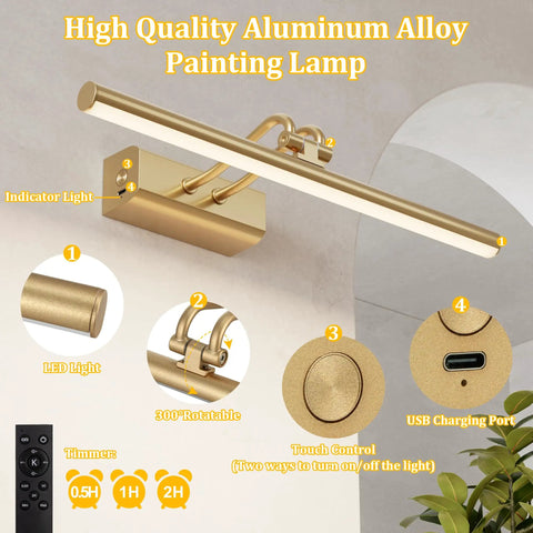 Cordless Battery Operated Picture Light With 4000mAh Rechargeable Battery, Remote Control, Magnetic Charge, Timers, 13.8 Inch Display, Gold Finish For Gallery, Living Room And Bedroom, highlighting features like LED light, USB port, and touch control.
