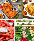 FANTEXY large stainless steel crinkle cutter for veggies; collage of waffle fries, crinkle-cut fries, watermelon pieces and a veggie platter