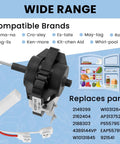 DIY Friendly Easy Install Refrigerator Evaporator Fan Motor 3000 RPM Hex Hub Mount One And Three Eighths Inch Shaft With Two Quarter Inch Terminals And One Sixteenth Inch Terminal Replaces W10131845 W10312647 2149299 2162404 2188303 4389144VP 921541 shown with compatible brands and replacement parts list.