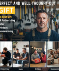 Man with work apron in workshop, with gift ideas for Father's Day, Easter, Birthdays, Housewarming displayed below
